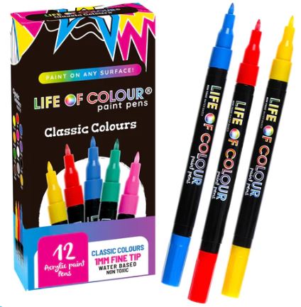 LIFE OF COLOUR ACRYLIC PAINT PENS MEDIUM TIP CLASSIC COLOURS 3MM PACKET 12
