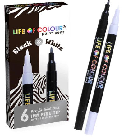 LIFE OF COLOUR ACRYLIC PAINT PENS FINE TIP 1MM BLACK AND WHITE PACKET OF 6