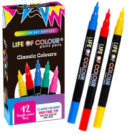 LIFE OF COLOUR ACRYLIC PAINT PENS MEDIUM TIP BRIGHTS COLOURS 3MM PACKET 12